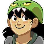 Official art of Dina from Dumbing of Age, a young woman with shoulder-length black hair wearing a green hat with the eyes and teeth of a cartoon dinosaur.